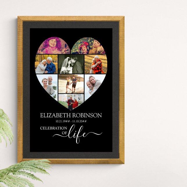 Póster Celebración de la Vida en Forma de Corazón Collage (Funeral memorial poster to order professionally printed or as a printable digital download)