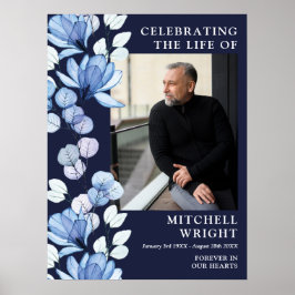 Póster Celebración de la vida en funeral floral azul sign