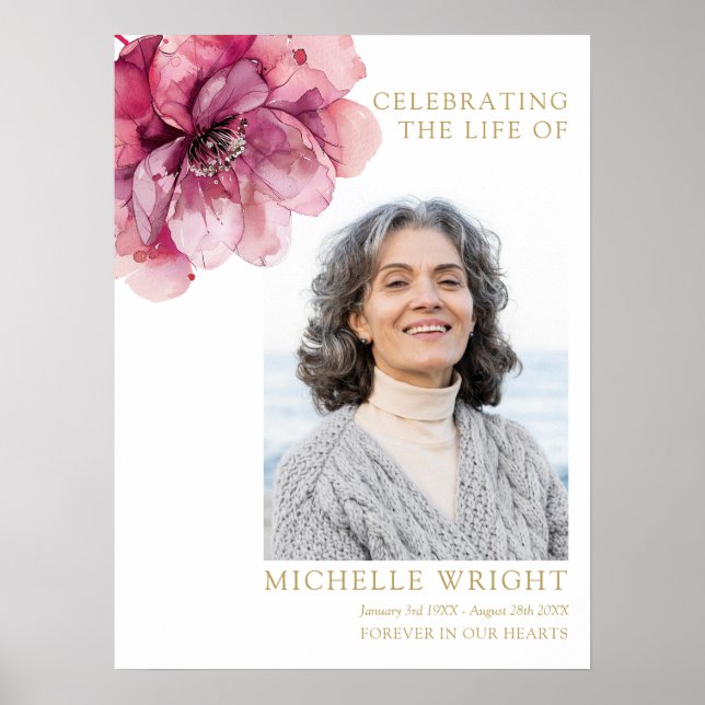 Póster Celebración de la vida en funeral floral rosa Foto (Frente)