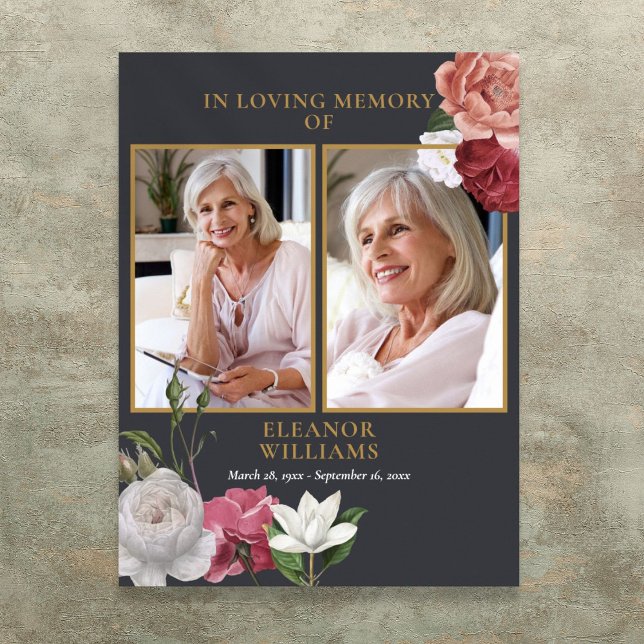 Póster Celebración de la vida funeral floral 2 fotos (Floral 2 Photo Celebration Of Life Funeral Poster)