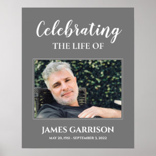 Póster Celebración de la vida gris y blanca con funeral d