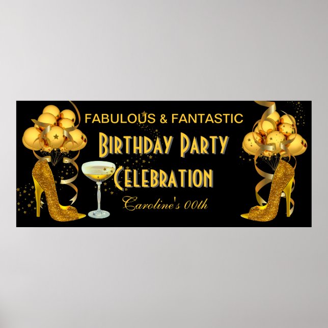 Póster Celebración del cumpleaños con pancarta negro dora (Frente)