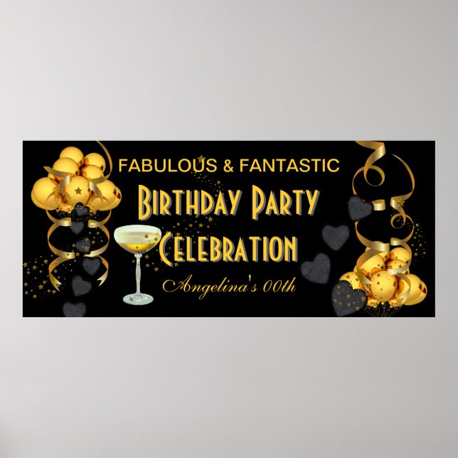 Póster Celebración del cumpleaños con pancarta negro dora (Frente)