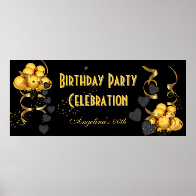 Póster Celebración del cumpleaños con pancarta negro dora (Frente)