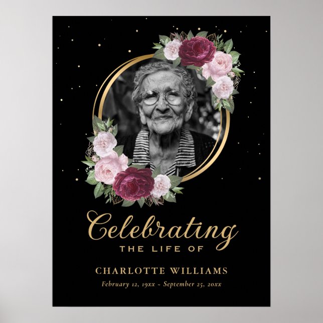 Póster Celebración floral de oro negro del Rótulo funeral (Frente)