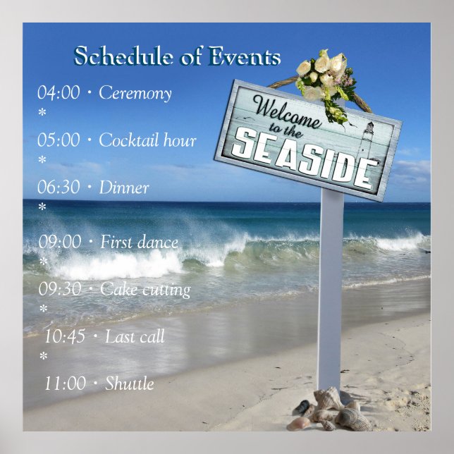 Póster Celebraciones en la playa con flores blancas y per (Frente)
