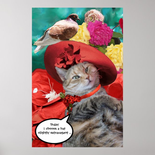 PÓSTER CELEBRITY CAT PRINCESS TATUS CON GORRA ROJO Y DOVE (Frente)