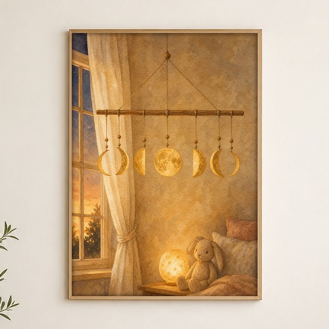 Póster Celeste de Acuarela Móvil de Fases Lunares (Shown framed for scale. Poster ships unframed; frames are an optional add-on.)