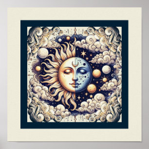 Póster Celestial Antiguo Medio Sol y Luna Azul Amarillo