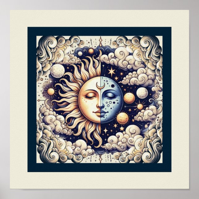 Póster Celestial Antiguo Medio Sol y Luna Azul Amarillo (Frente)