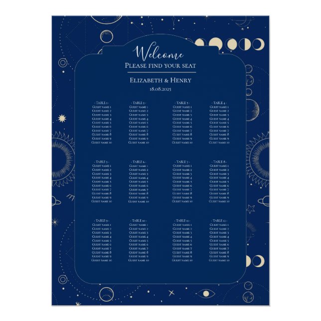 Póster Celestial moon sun stars navy wedding seating plan (Anverso)