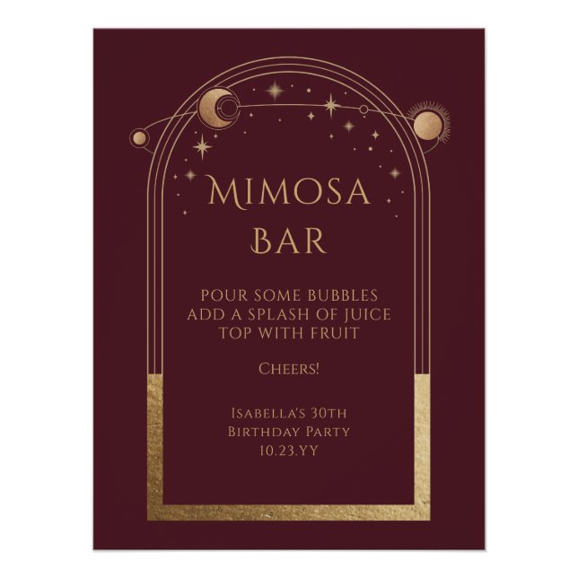 Póster Celestial Red Gold Mimosa Bar Sun Moon Stars (Anverso)