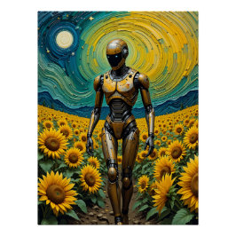Póster Celestial Sentience: Robot in Sunflower Fields