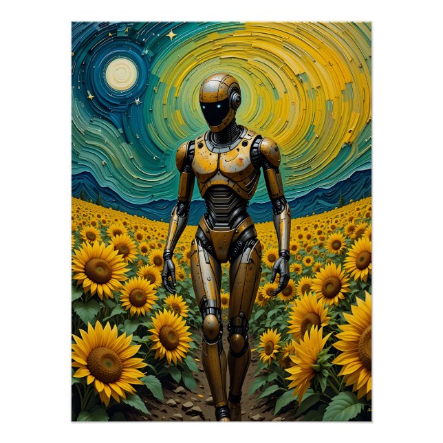 Póster Celestial Sentience: Robot in Sunflower Fields (Anverso)