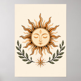 Póster Celestial Sun Face Botanical Mystical Art