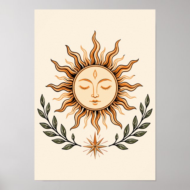 Póster Celestial Sun Face Botanical Mystical Art (Frente)