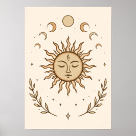 Póster Celestial Sun Moon Phases Mystical Botanical Art