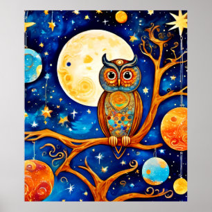 Póster Celestiales de búho caprichosos: estrellas, luna, 