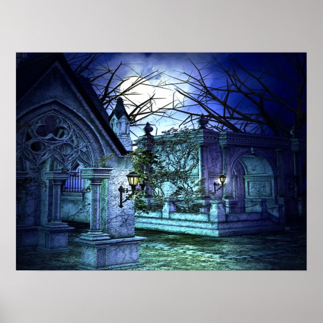 Póster Cementerio aterrador con cementerio y tumbas (Frente)