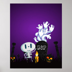 Póster Cementerio de Halloween espeluznante esqueleto y f