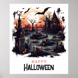 Póster Cementerio espeluznante, calabaza y murciélagos