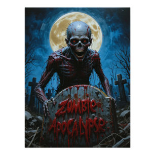 Póster Cementerio espeluznante con ghoul zombie luna llen