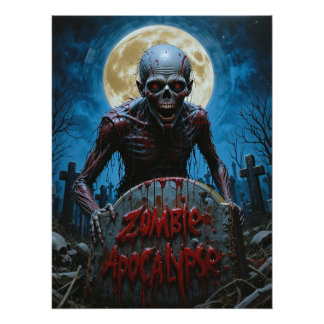 Póster Cementerio espeluznante con ghoul zombie luna llen