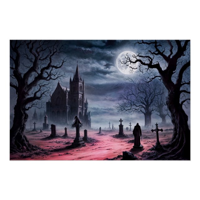 Póster Cementerio gótico bajo luna llena (Anverso)