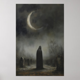 Póster Cementerio Lápidas Oscuras Luna Creciente Panteón