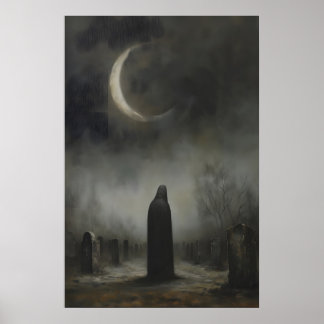 Póster Cementerio Lápidas Oscuras Luna Creciente Panteón