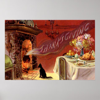 Póster Cena de Acción de Gracias Gato Negro Chimenea Pavo
