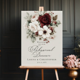Póster Cena de ensayo burgundy blanca elegante bienvenida