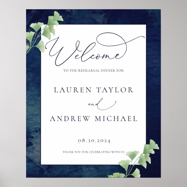 Póster Cena de ensayo de acuarela azul oscuro con vegetac (Frente)