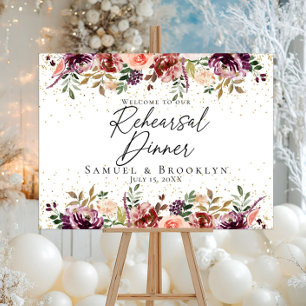 Póster Cena de ensayo elegante bienvenida floral borgoña