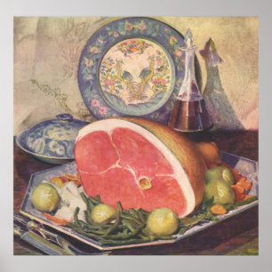 Póster Cena de jamón con frijoles verdes y papas