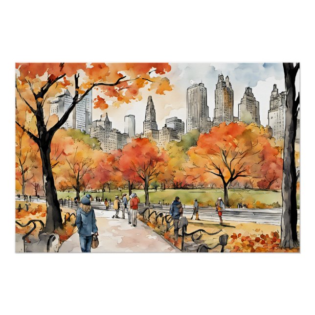 Póster Central Park, acuarelas, generadas por IA, (Anverso)