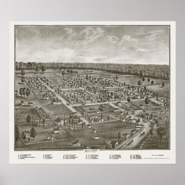 Póster Centro Belle, Mapa Panorámico OH - 1874 (Frente)