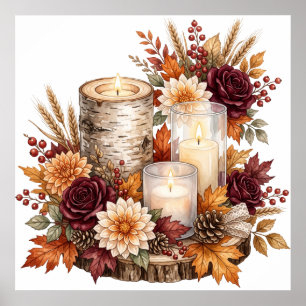 Póster Centro de mesa de vela de otoño rústico floral