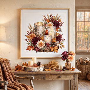 Póster Centro de mesa de vela de otoño rústico floral