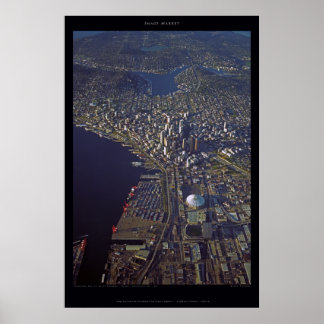 Póster Centro de Seattle al atardecer con Kingdome, 1999
