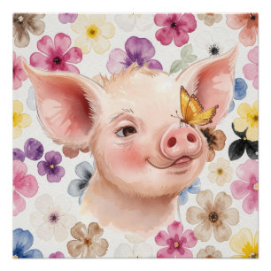 Póster Cerdito adorable en acuarela
