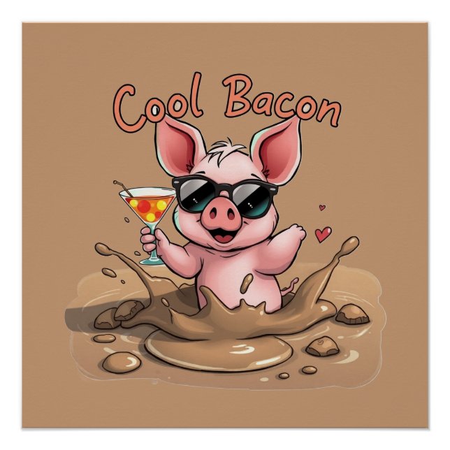 Póster Cerdito "Cool Bacon" con gafas de sol (Anverso)