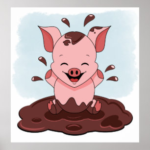 Póster Cerdito Rosa Lindo Jugando En Lodo