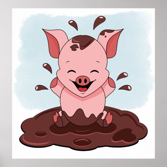 Póster Cerdito Rosa Lindo Jugando En Lodo (Frente)