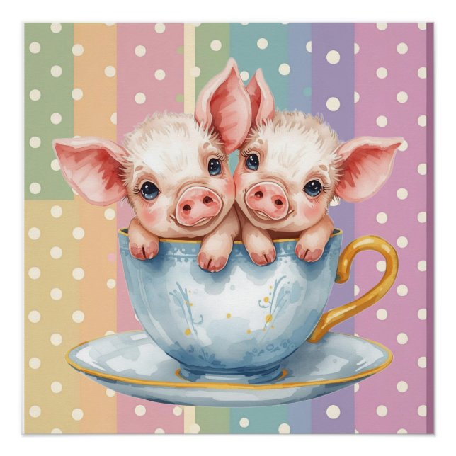 Póster Cerditos Adorables de Taza de Té (Anverso)