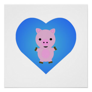 Póster Cerdo adorable con corazón azul en el fondo