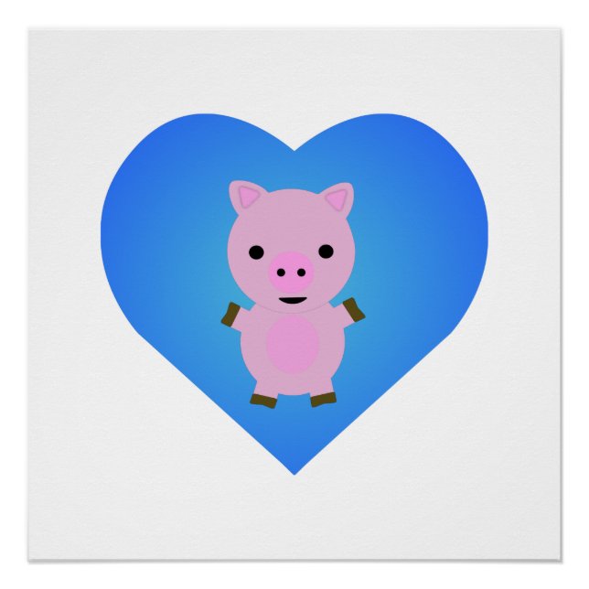 Póster Cerdo adorable con corazón azul en el fondo (Anverso)