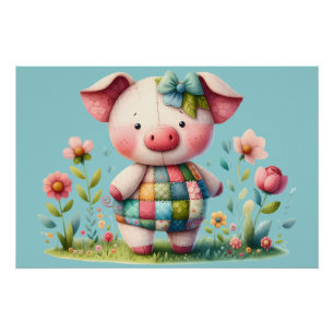 Póster Cerdo caprichoso de patchwork en jardín floral