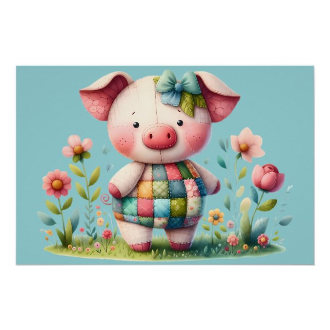 Póster Cerdo caprichoso de patchwork en jardín floral (Anverso)