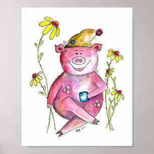 Póster Cerdo caprichoso lindo bebiendo café
